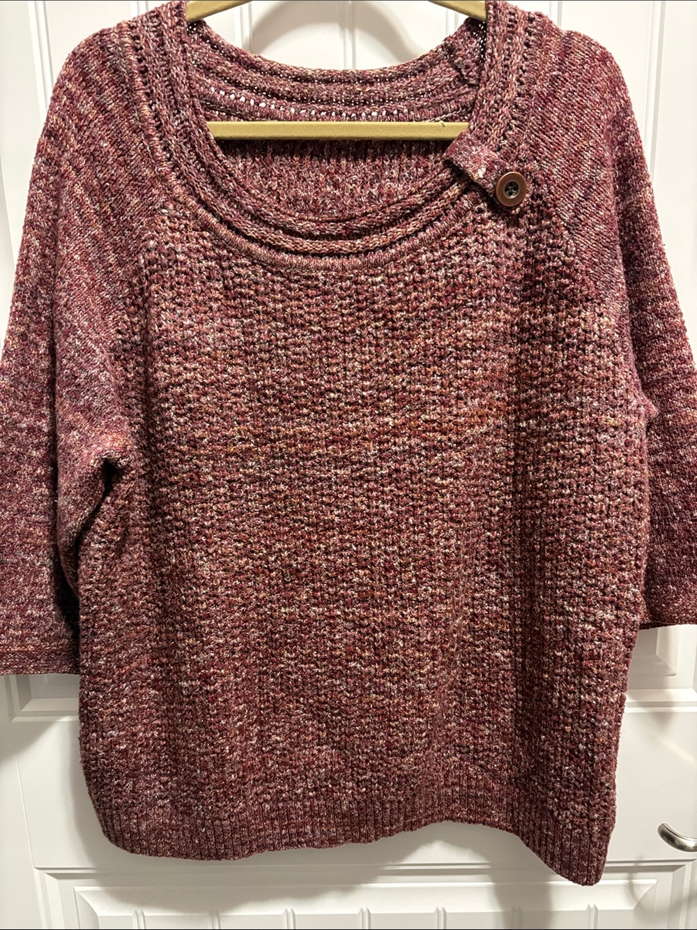 Marled Burgundy Oversized Sweater Button Neck Dolman Sleeve